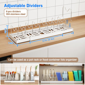 Mustorn expandable lid rack with ABS base demonstrates adjustable spacing for versatile cabinet fit.