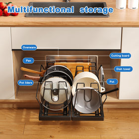 Mustorn pot lid organizer showing adjustable guardrail for safe lid storage