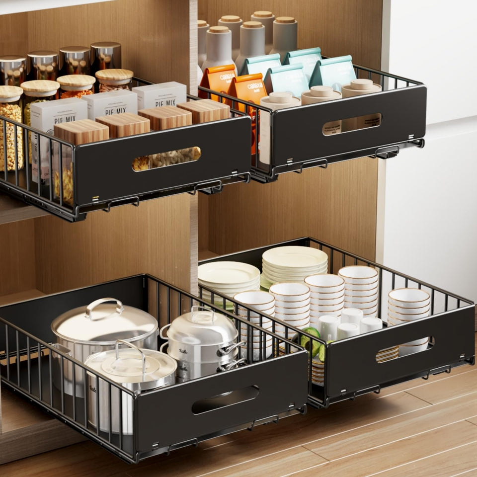 Mustorn pull-out cabinet organizer front view shows sturdy rails for easy access.