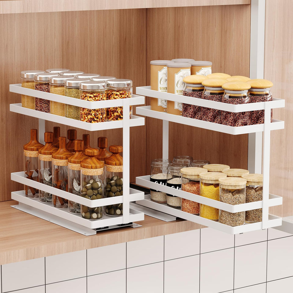 Mustorn 2-tier slide-out spice rack in white offers easy jar access.