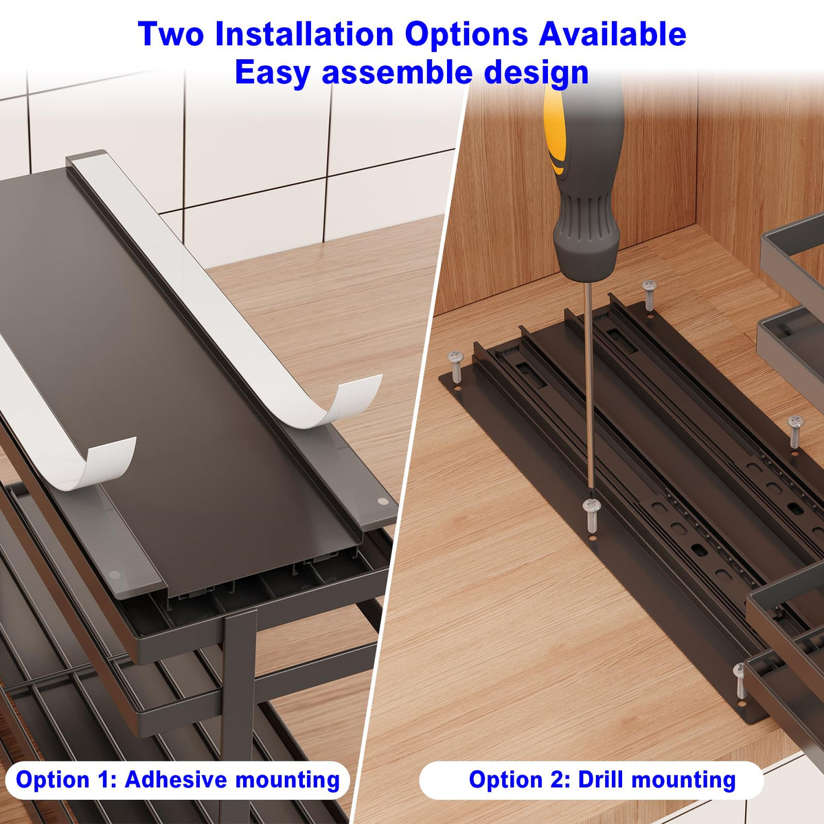 Mustorn spice rack install options with adhesive strips or screws