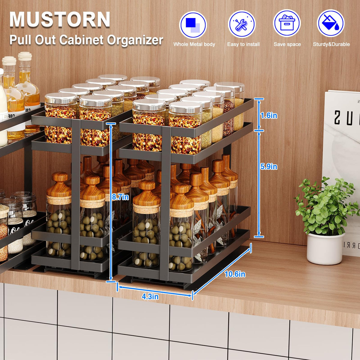 Mustorn spice rack with ball-bearing slides for smooth, quiet operation