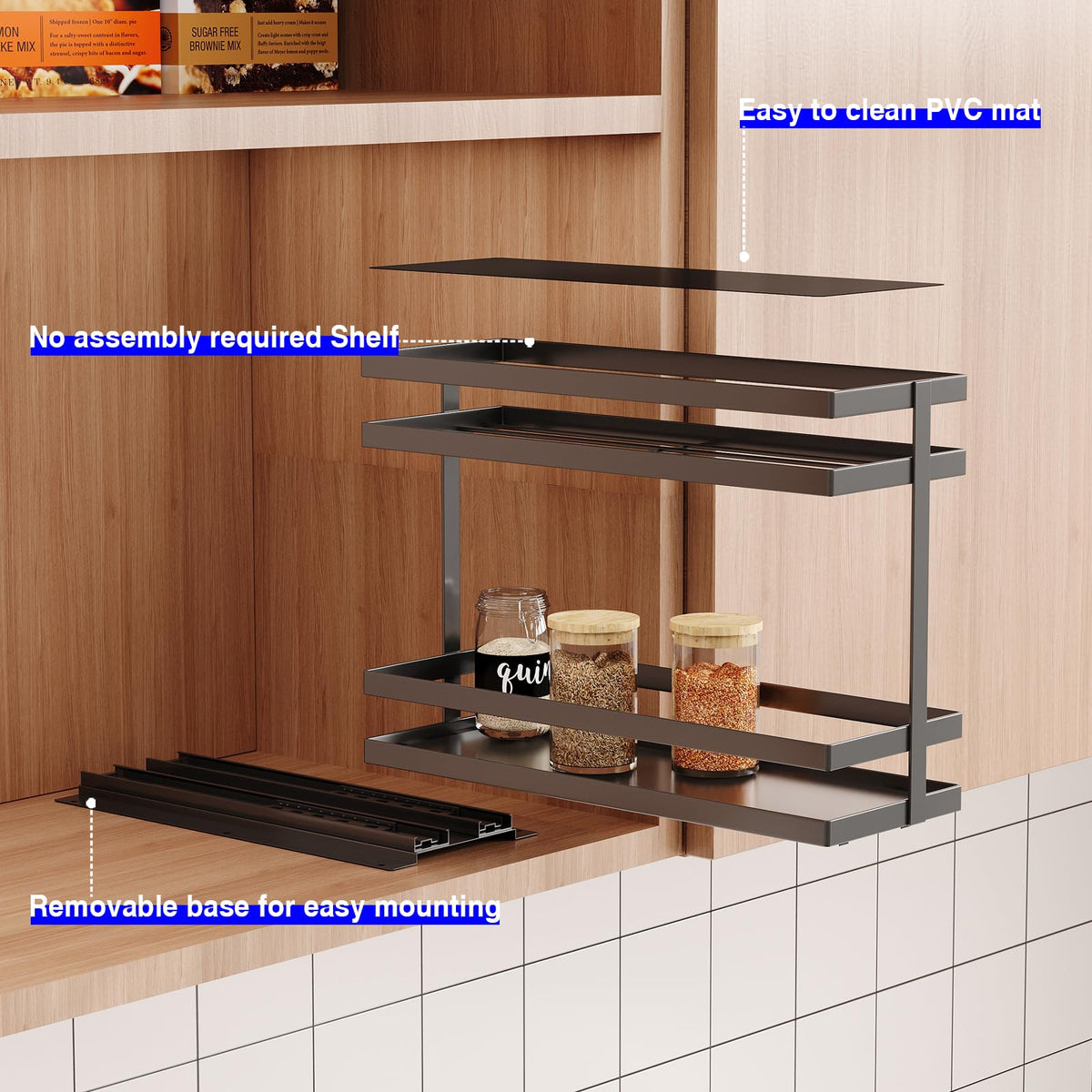 Mustorn spice rack guardrails keep jars upright during pullout use