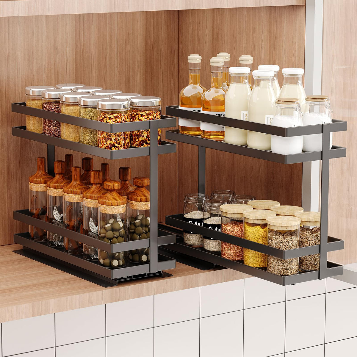 Mustorn 2-tier pullout spice rack shows organized cabinet storage and easy access to spices
