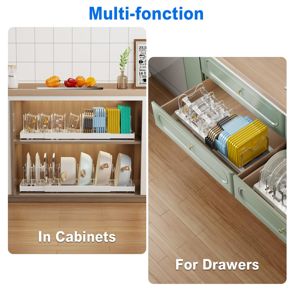 Mustorn stainless steel dividers highlight durable, adjustable sections for lids and utensils.