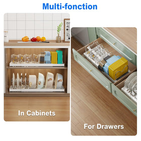 Mustorn stainless steel dividers highlight durable, adjustable sections for lids and utensils.