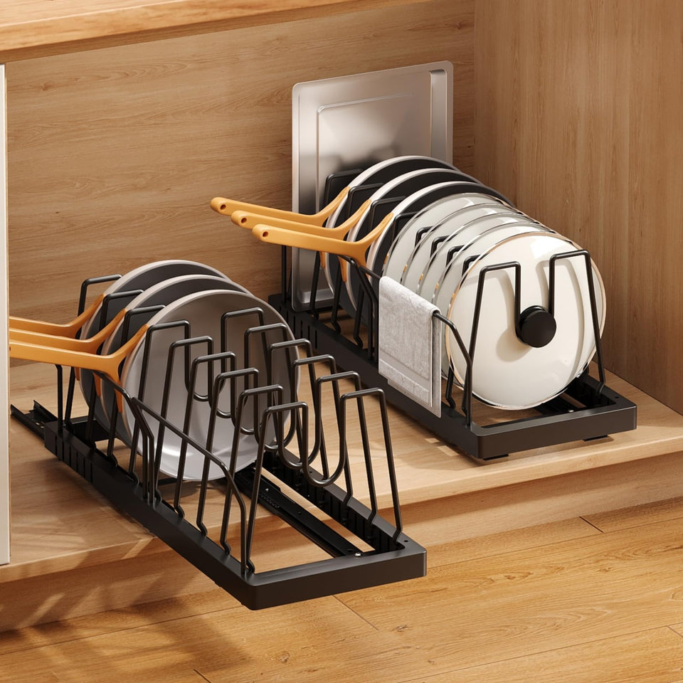 Mustorn under-cabinet organizer in main view showing spacious storage for pots and lids.