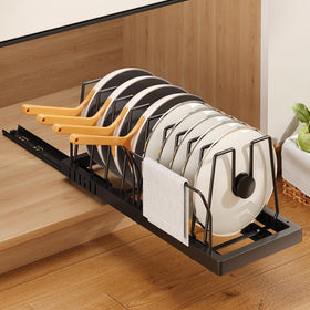 Mustorn under-cabinet pots and pans organizer with pullout lid rack for easy access