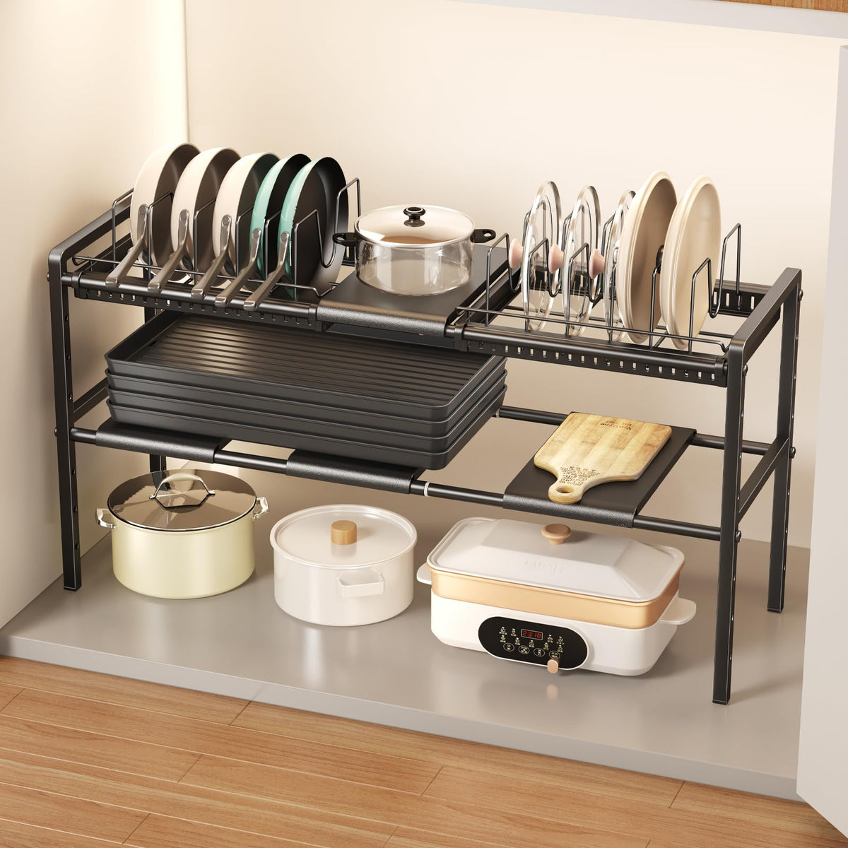Mustorn under-sink organizer with two-tier rack showing organized pots and lids