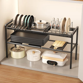 Mustorn under-sink organizer with two-tier rack showing organized pots and lids