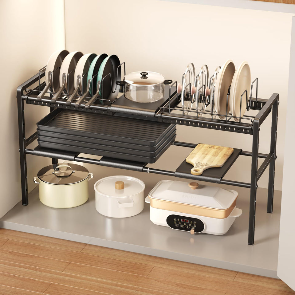 Mustorn under-sink organizer with two-tier rack showing organized pots and lids