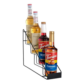 Mustry coffee syrup rack front view shows compact, accessible storage for four bottles