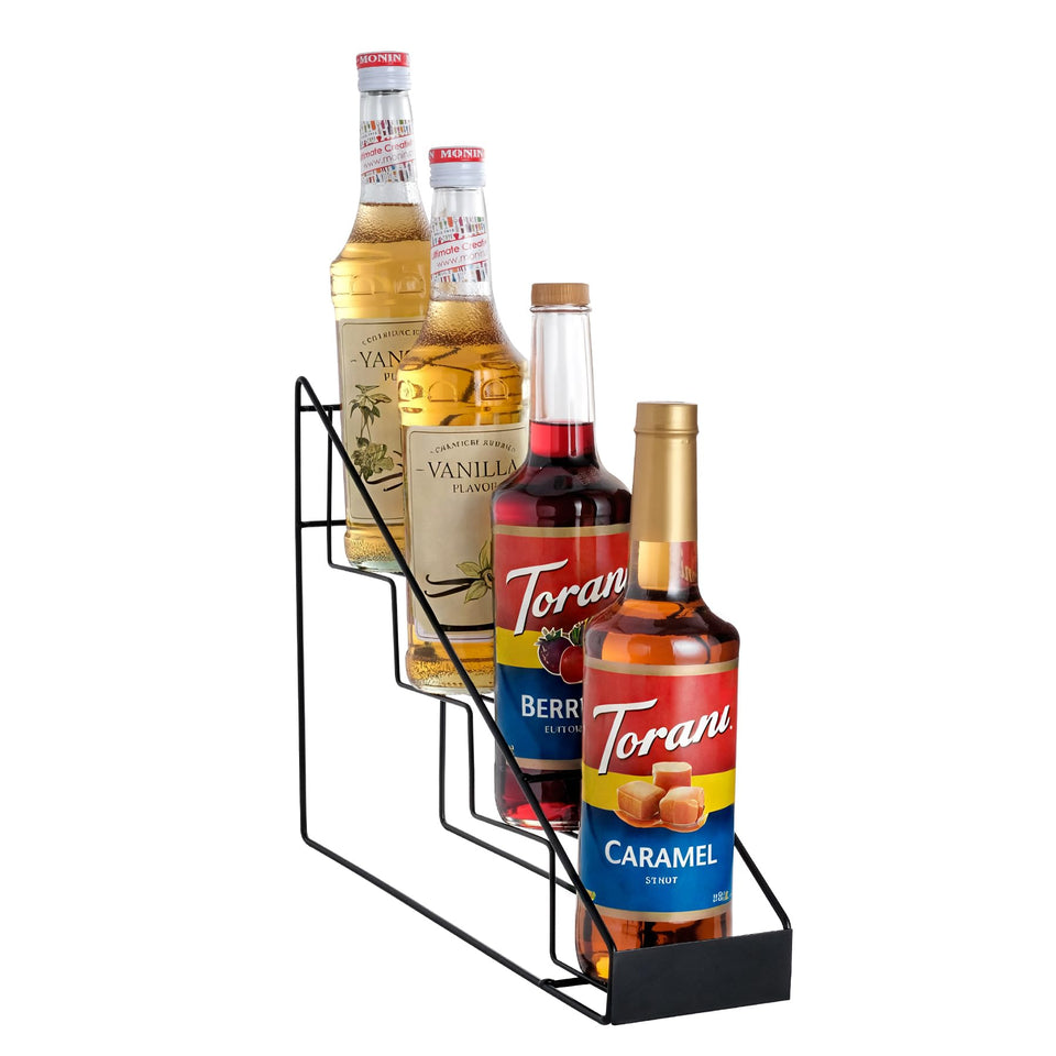 Mustry coffee syrup rack front view shows compact, accessible storage for four bottles