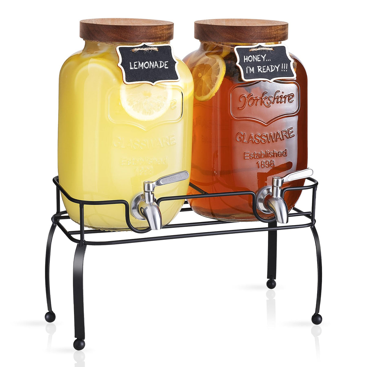 Mustry glass drink dispenser with stand and spigot for easy party serving.