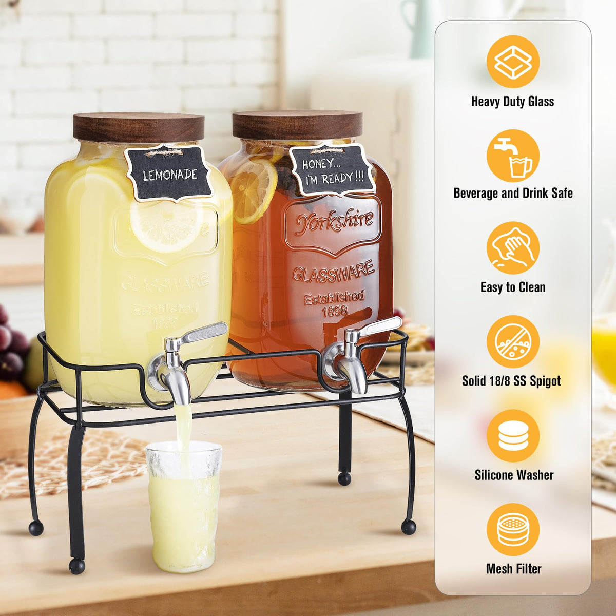 Mustry sun tea and kombucha jar display ideal for refreshing beverages.
