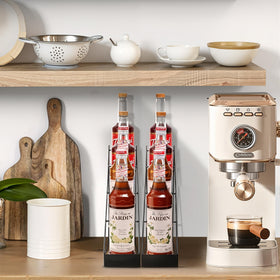Mustry step-design syrup rack saves counter space while displaying bottles clearly