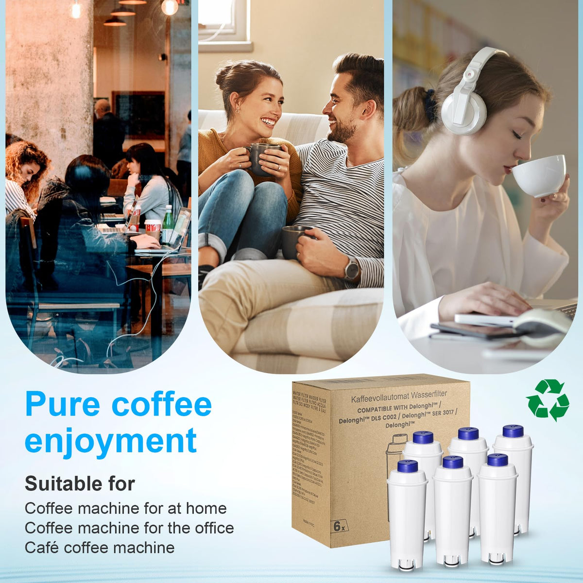 Mutital Delonghi filter six-pack overview, up to a year of filtration by two-month cycles.