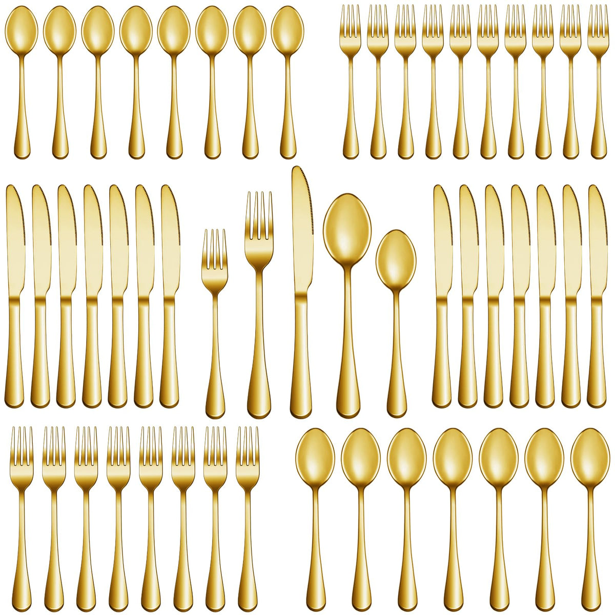 MUTNITT 30-piece gold silverware set in full view for six, ideal for everyday dining.