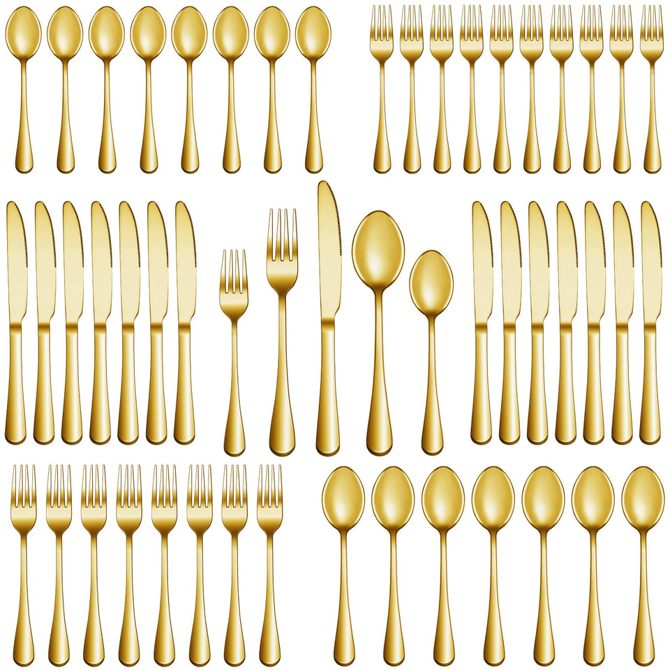 MUTNITT 30-piece gold silverware set in full view for six, ideal for everyday dining.