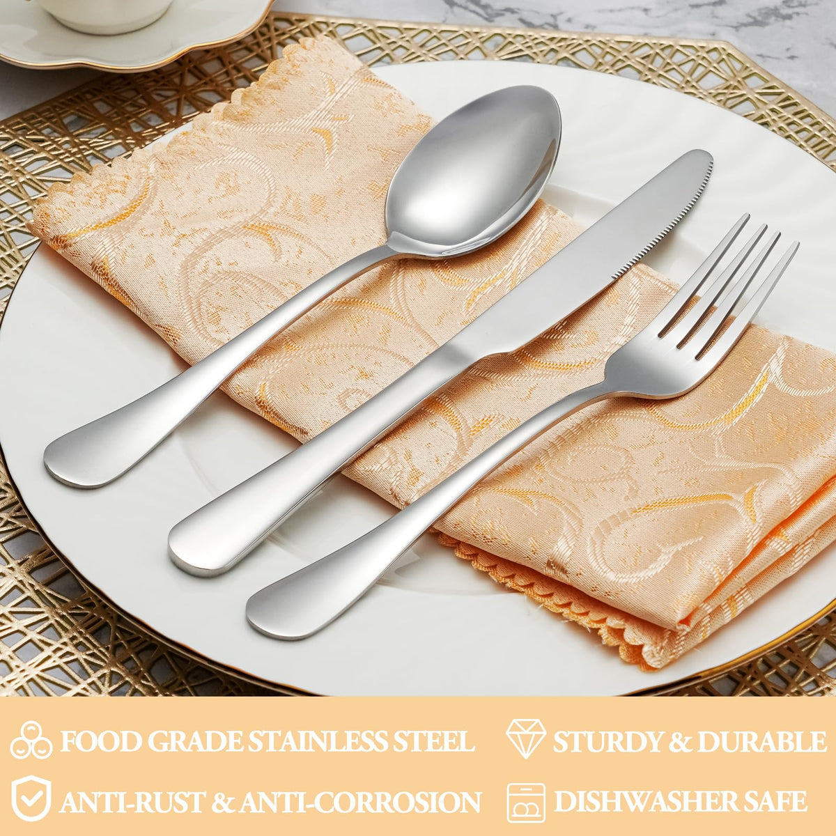 MUTNITT 60-piece silverware set with dinner knives, rust-resistant performance.
