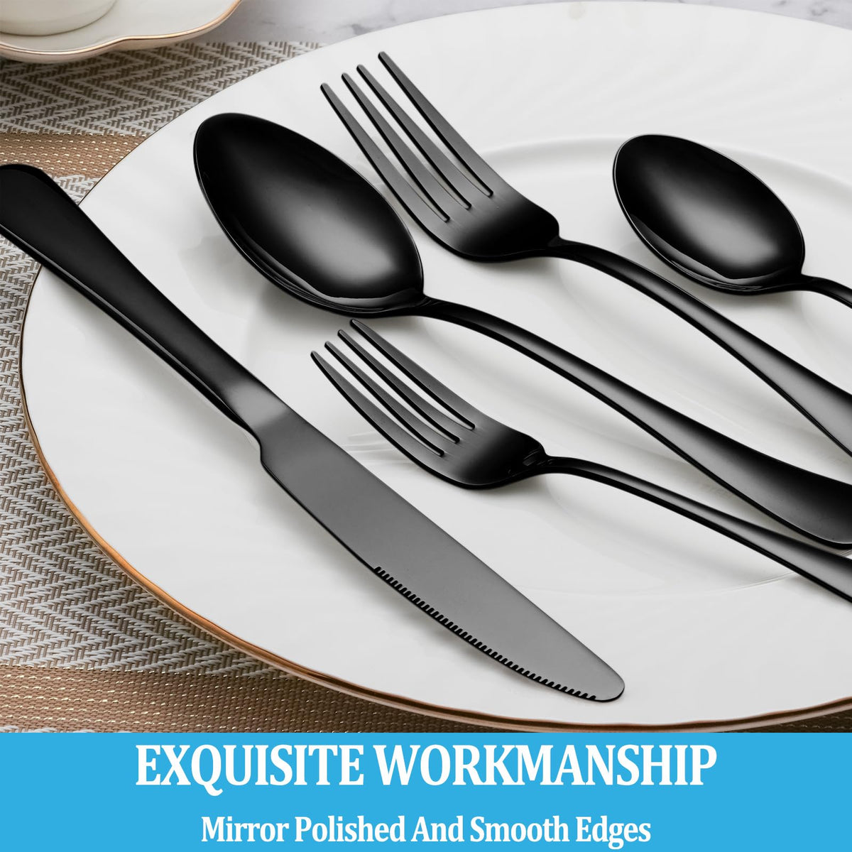 MUTNITT black silverware closeup showing ergonomic handle for comfortable dining