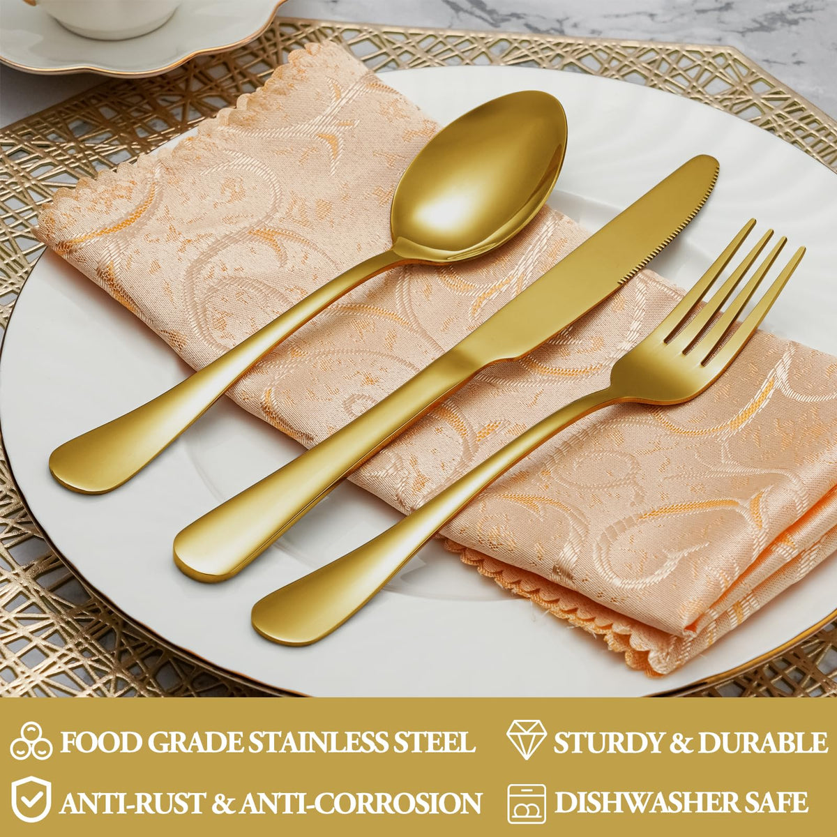 MUTNITT gold forks in rust-resistant stainless steel, dishwasher safe and easy to clean.