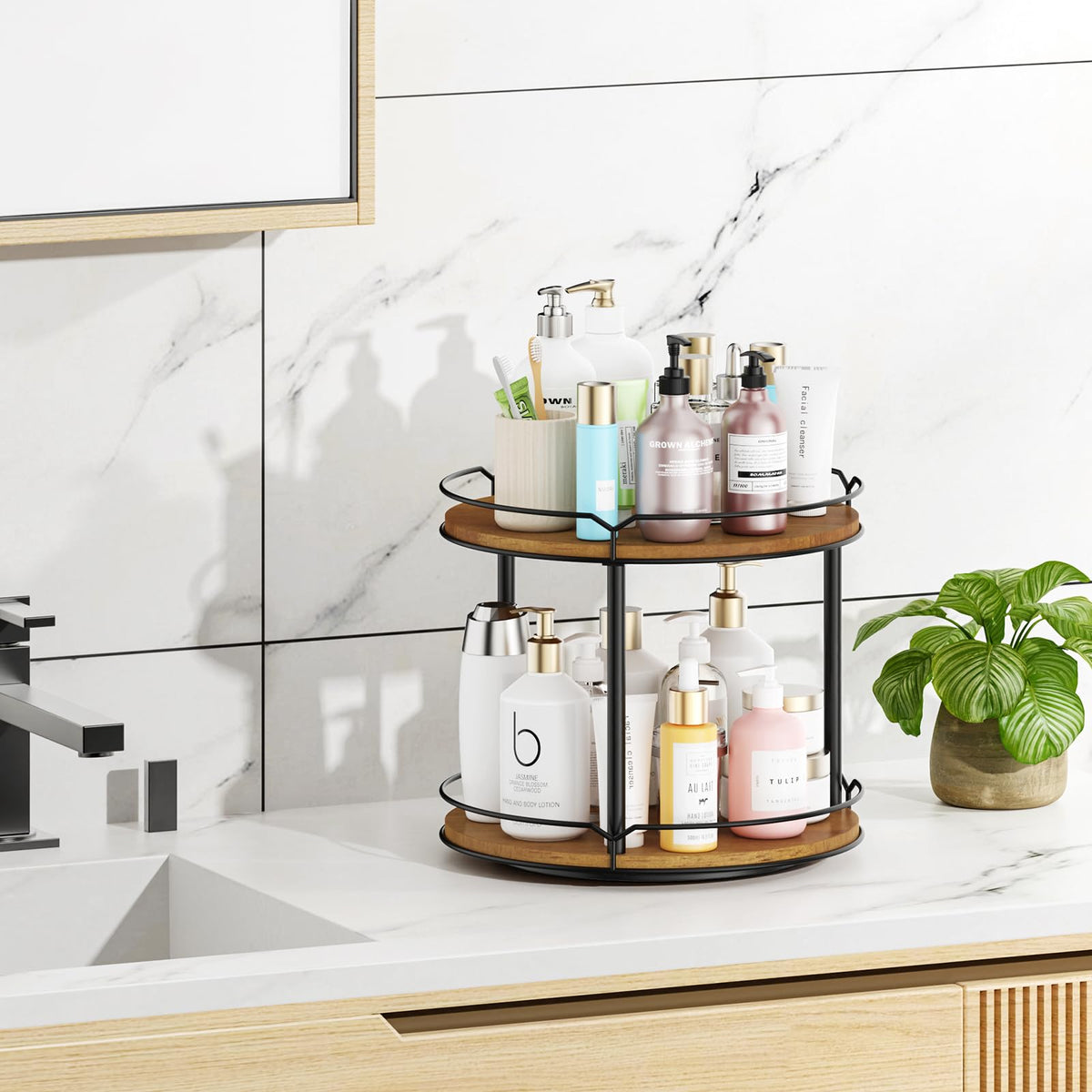MUTUALUS Lazy Susan bathroom vanity keeps cosmetics neatly organized with rotating access