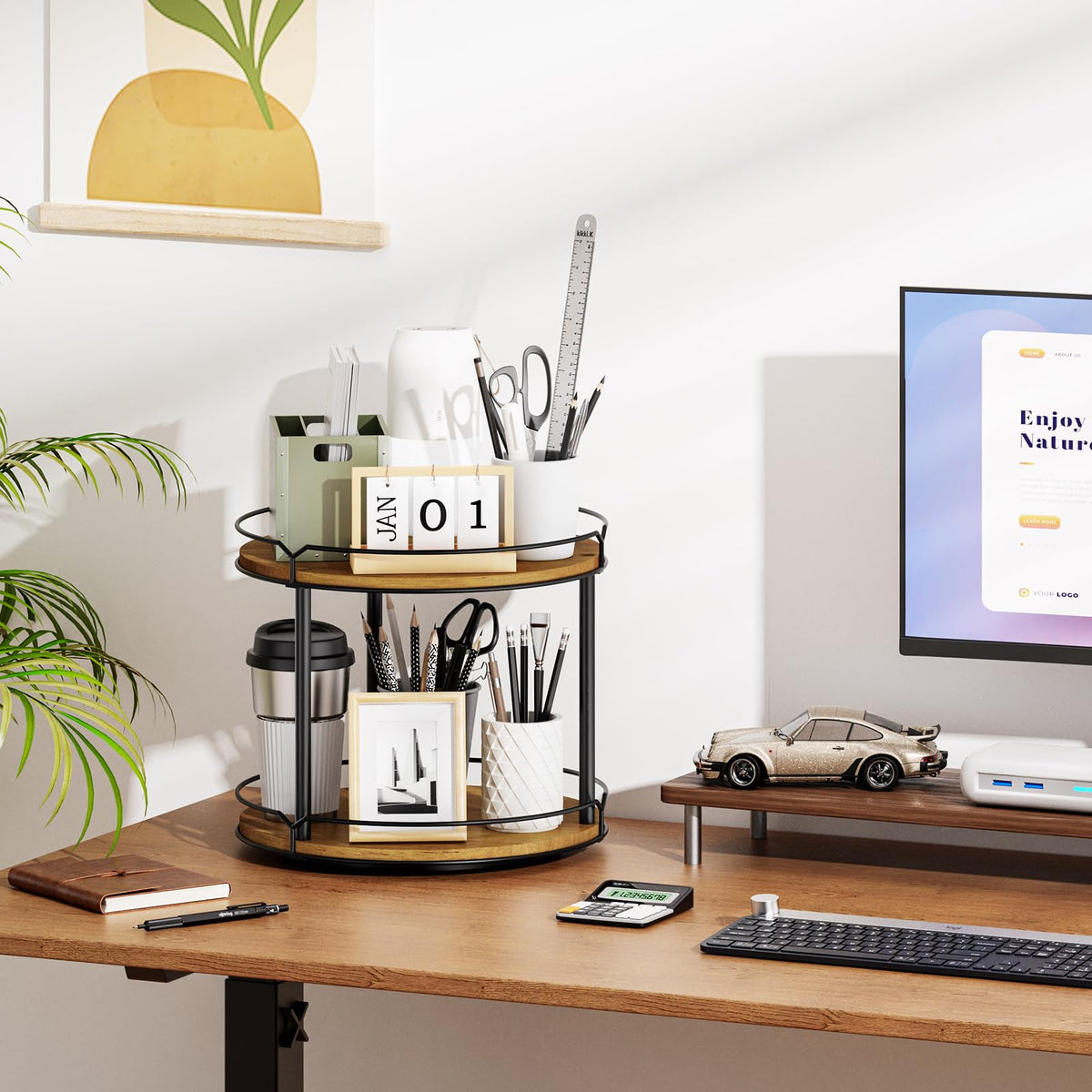 MUTUALUS Lazy Susan inside cabinet shows accessible toiletries and spices on two levels