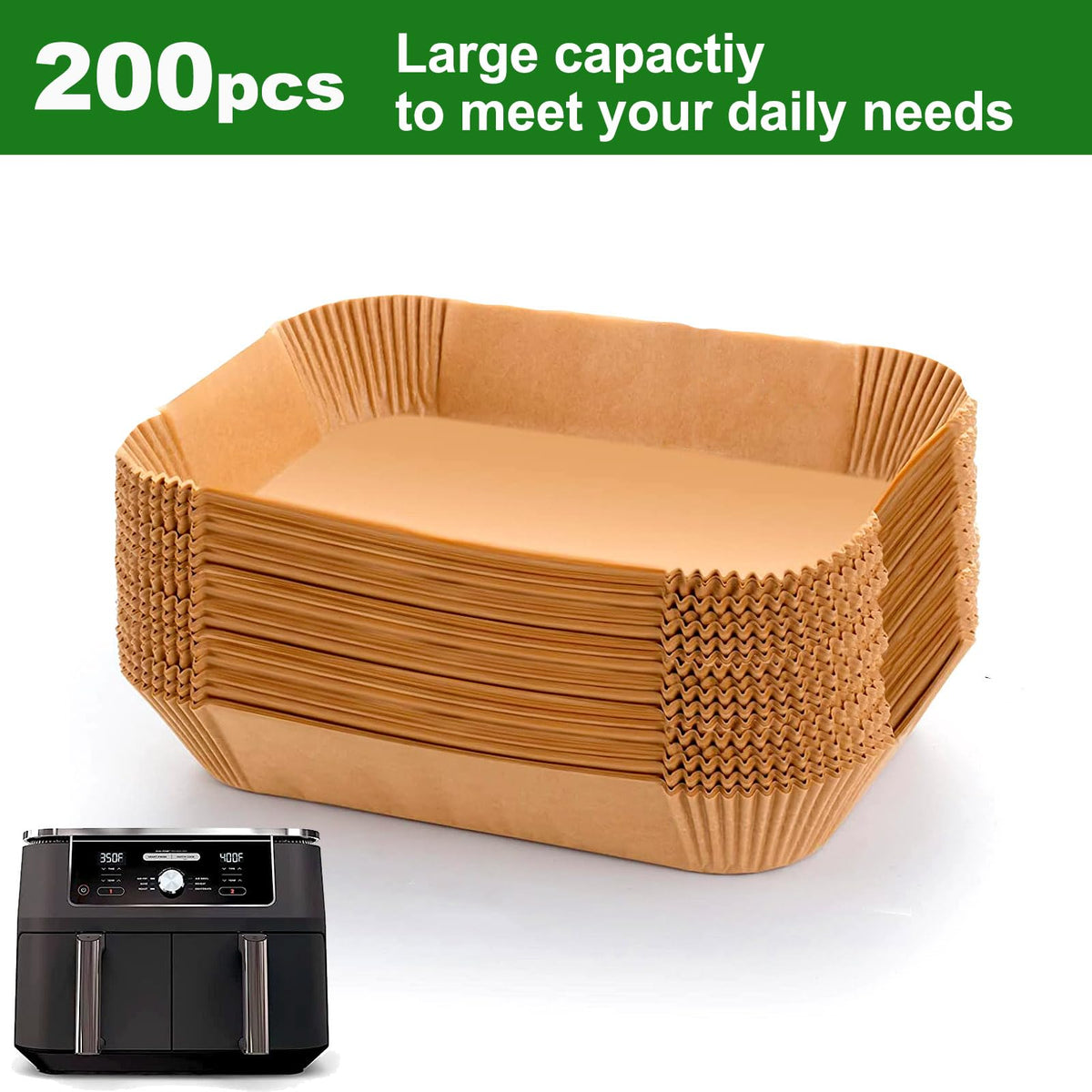 Mutvle liner withstands heat up to 450F for dual-basket air frying.