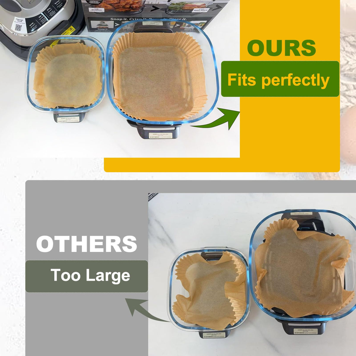 Mutvle Ninja Crispi small liners for 6-cup containers minimize mess during cooking.
