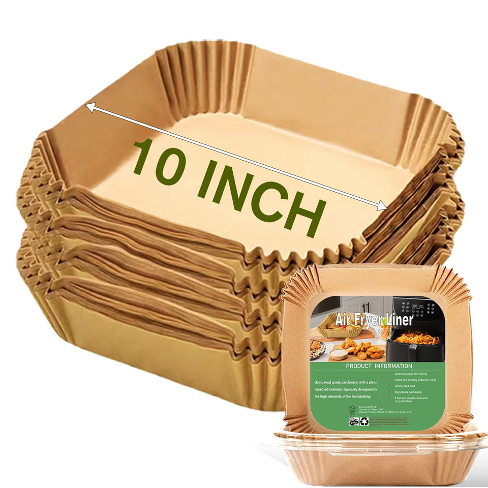 Mutvle 10-inch square liner packaging for quick air frying setup.