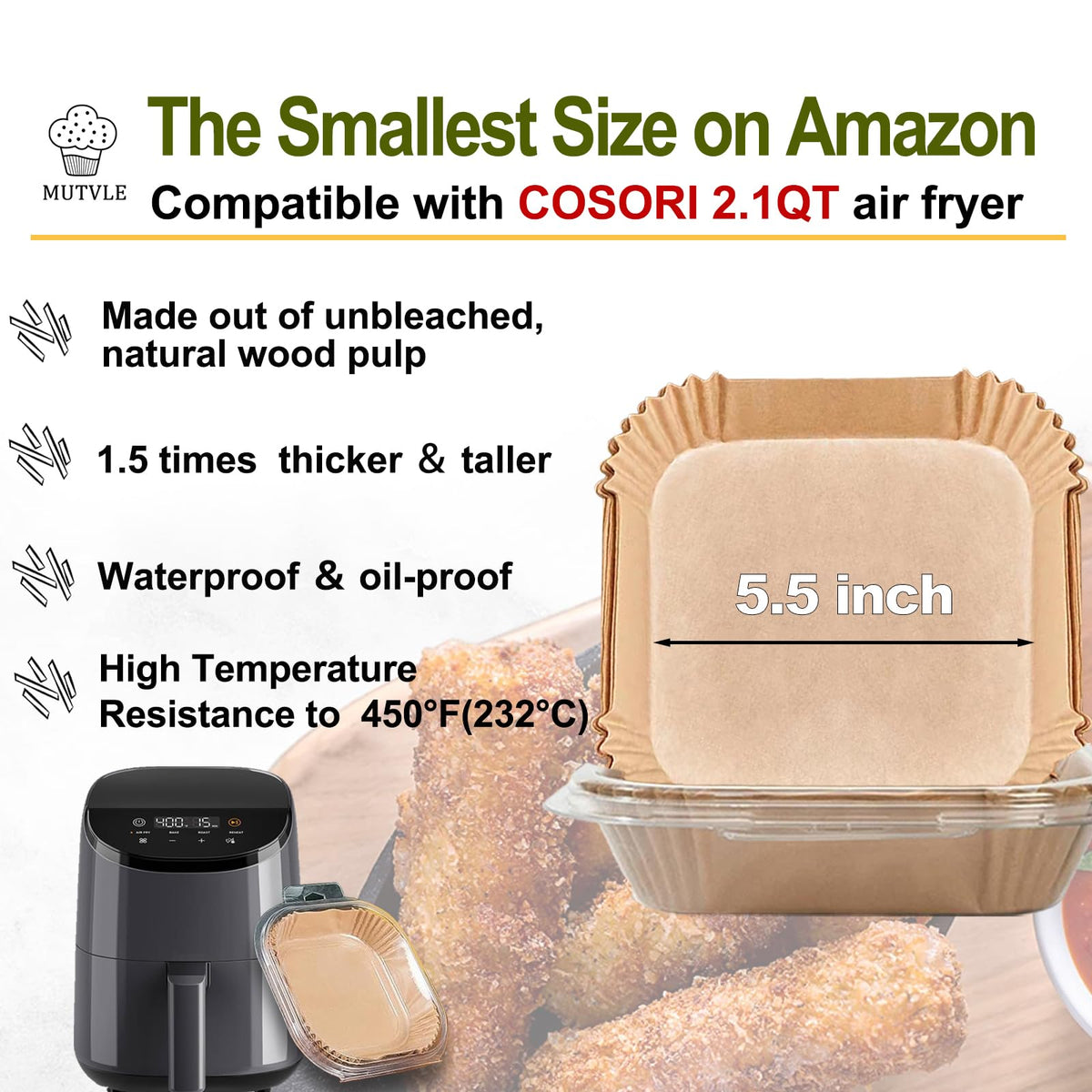 Mutvle square 5.5-inch liners fit 1-3 quart fryers for mess-free cooking.