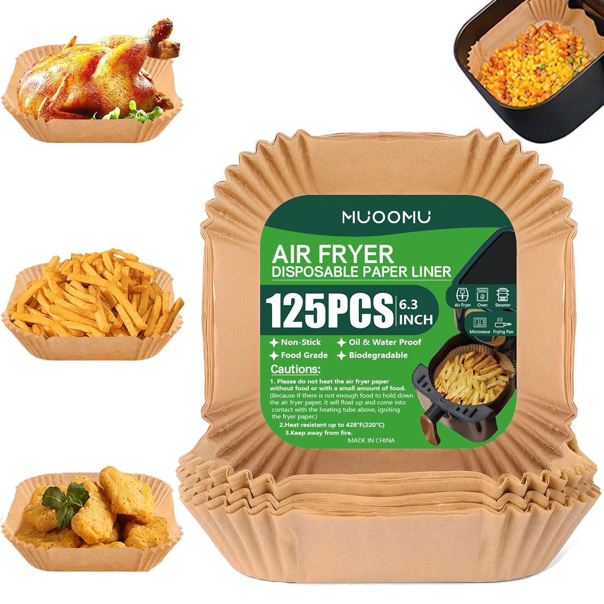 MUOOMU air fryer liner square 6.3in in packaging for easy use