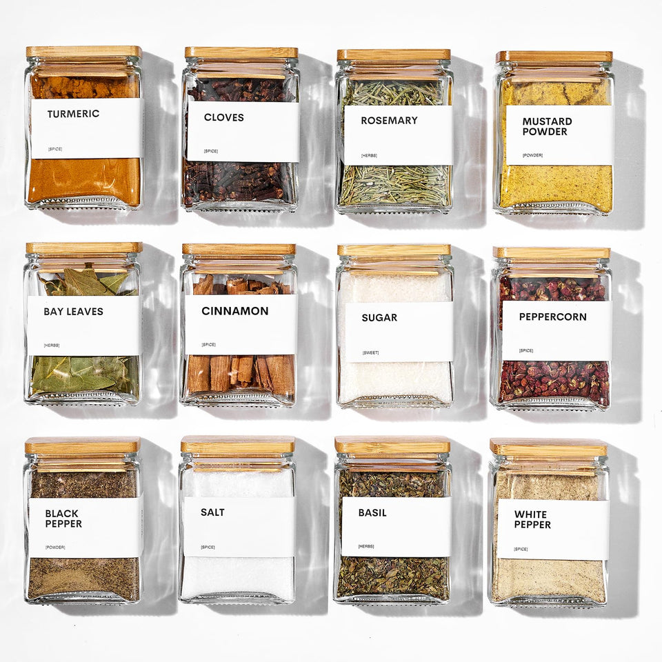 MUVEKA glass spice jars with bamboo lids show a space-saving square design for pantry organization
