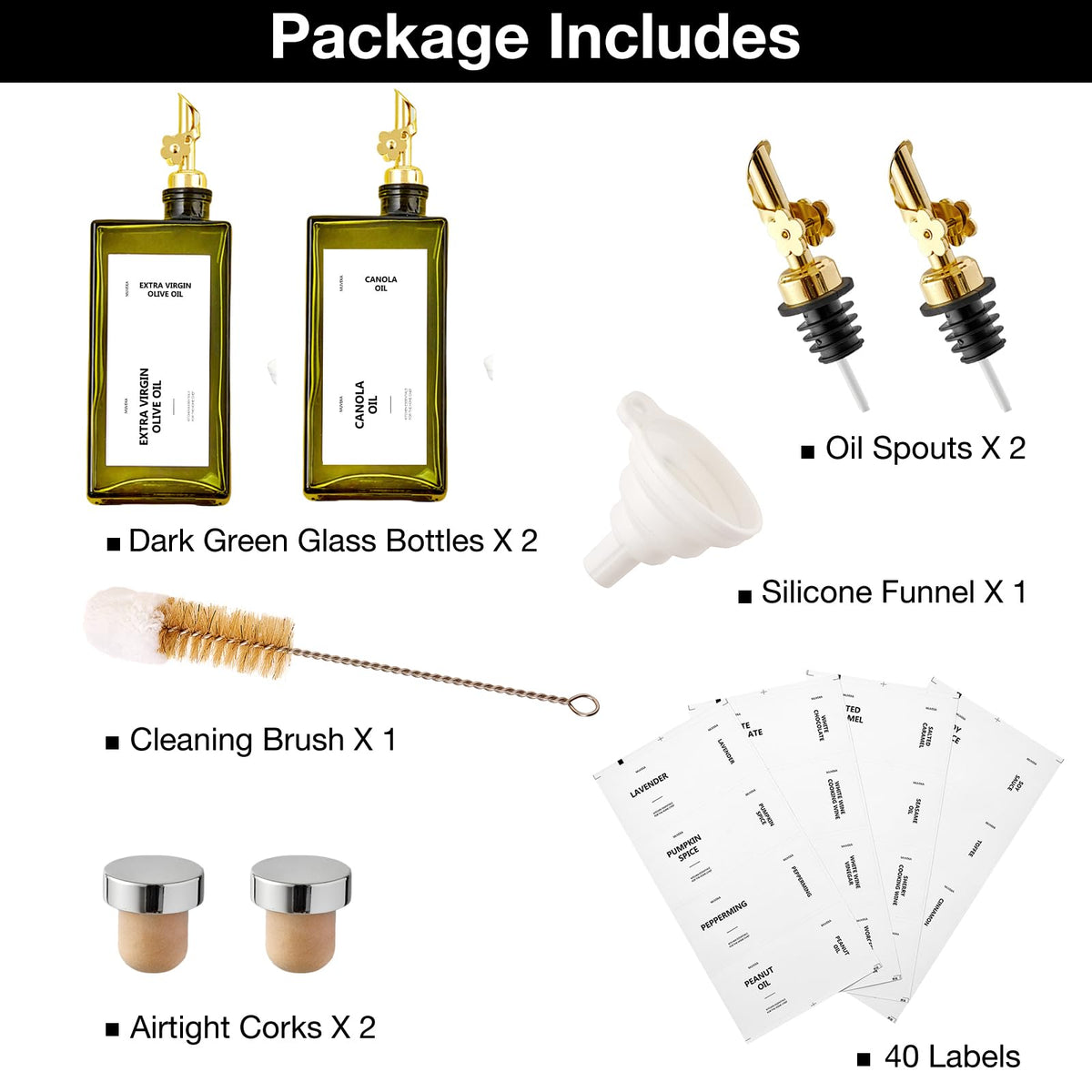 MUVEKA label set helps identify oils and dressings on the counter.