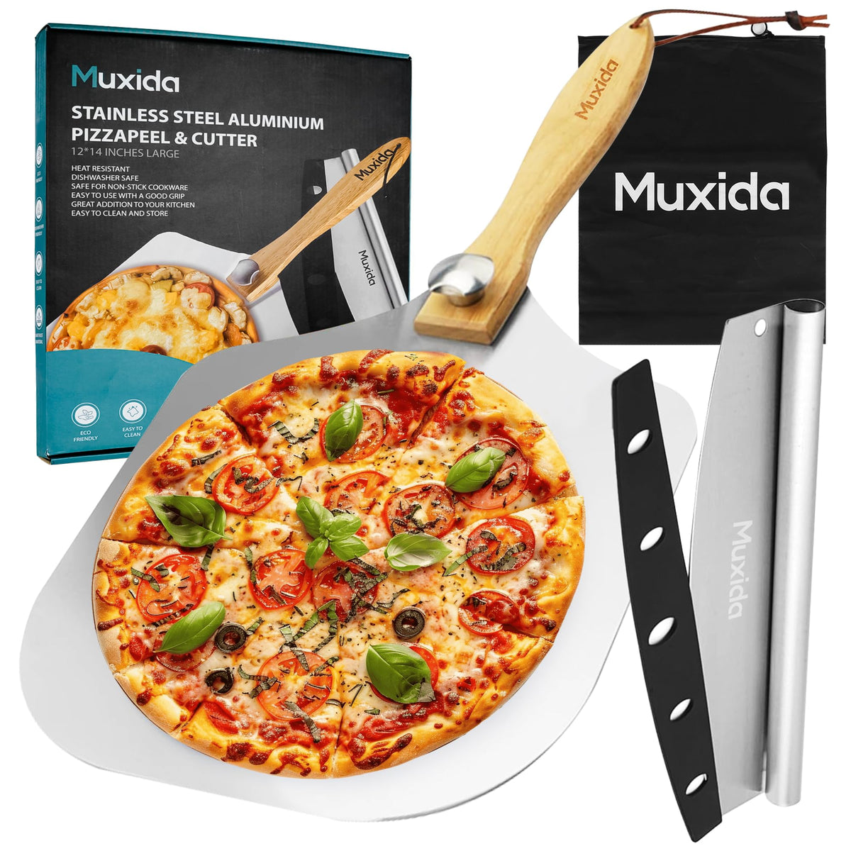 Muxida aluminum pizza peel 12x14 for easy oven transfer and serving.