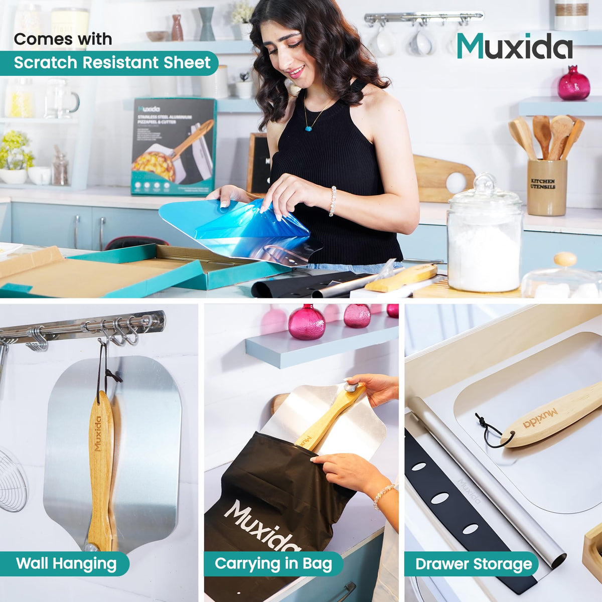 Muxida stainless steel rocker cutter delivers clean, even pizza slices.