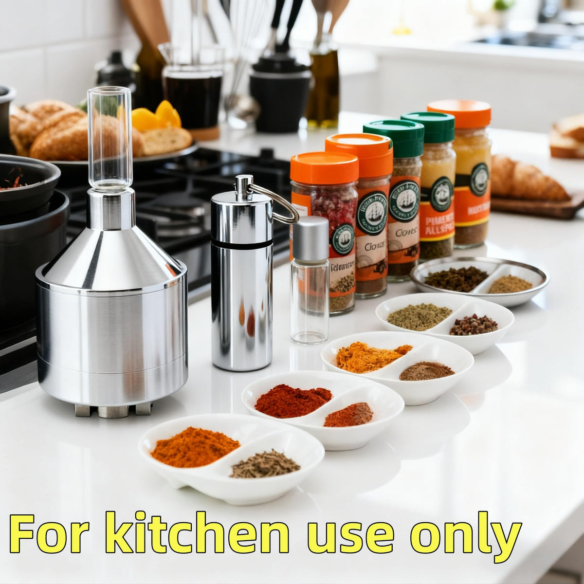 MuYuDaDi Spice Grinder silver, side view, durable aluminum alloy for daily kitchen spice tasks.