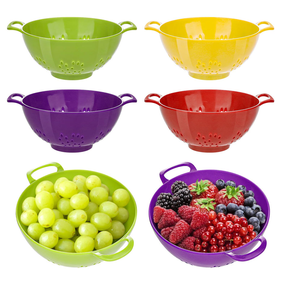 mwellewm 4-pack small colander in compact kitchen layout for quick fruit rinsing.