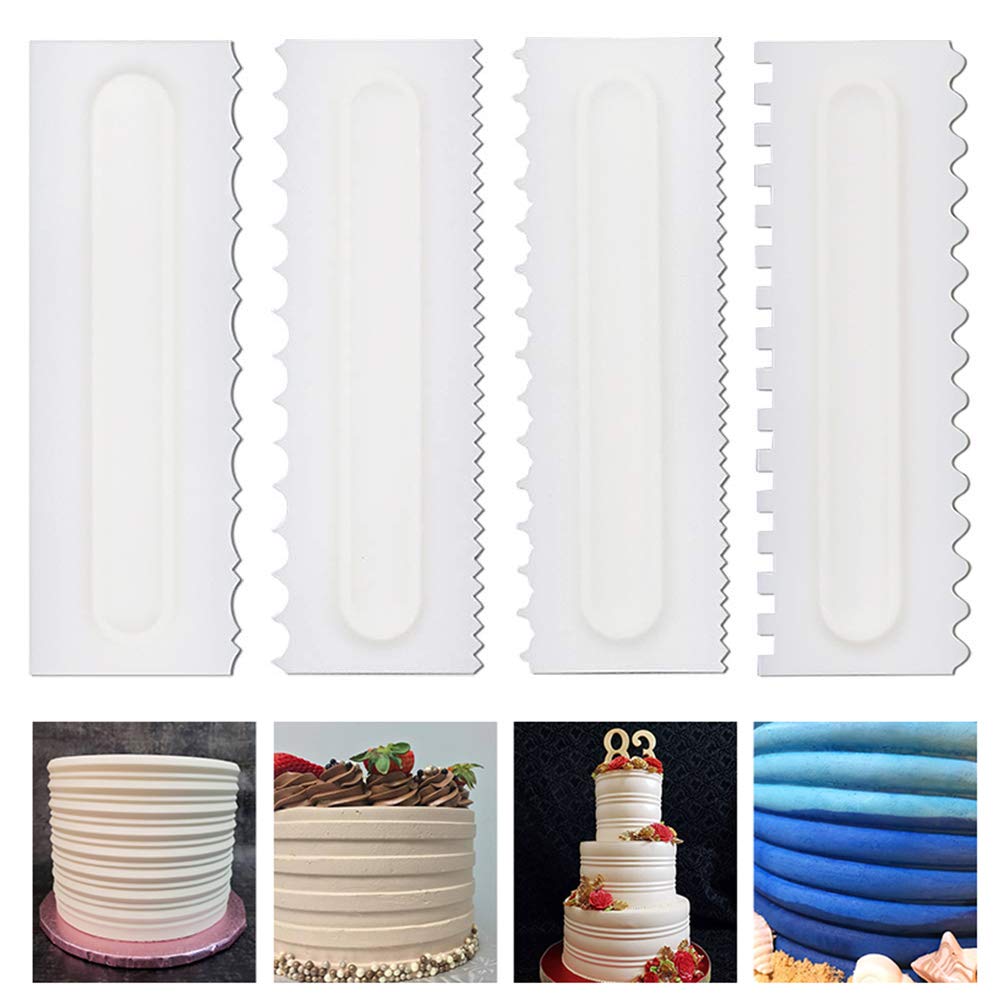 Mwellewm cake scraper set with sawtooth edge for smooth mousse surfaces.