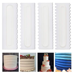 Mwellewm cake scraper set with sawtooth edge for smooth mousse surfaces.
