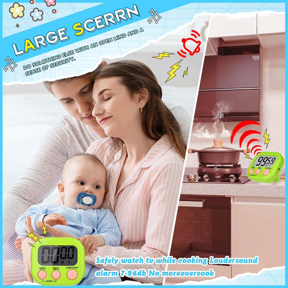 Mwellewm digital timer with hanging hole for wall mounting and visibility.