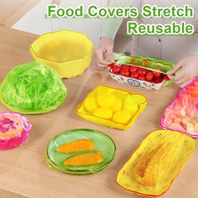Mwellewm three-size elastic covers on bowls illustrating airtight seal and leftovers.