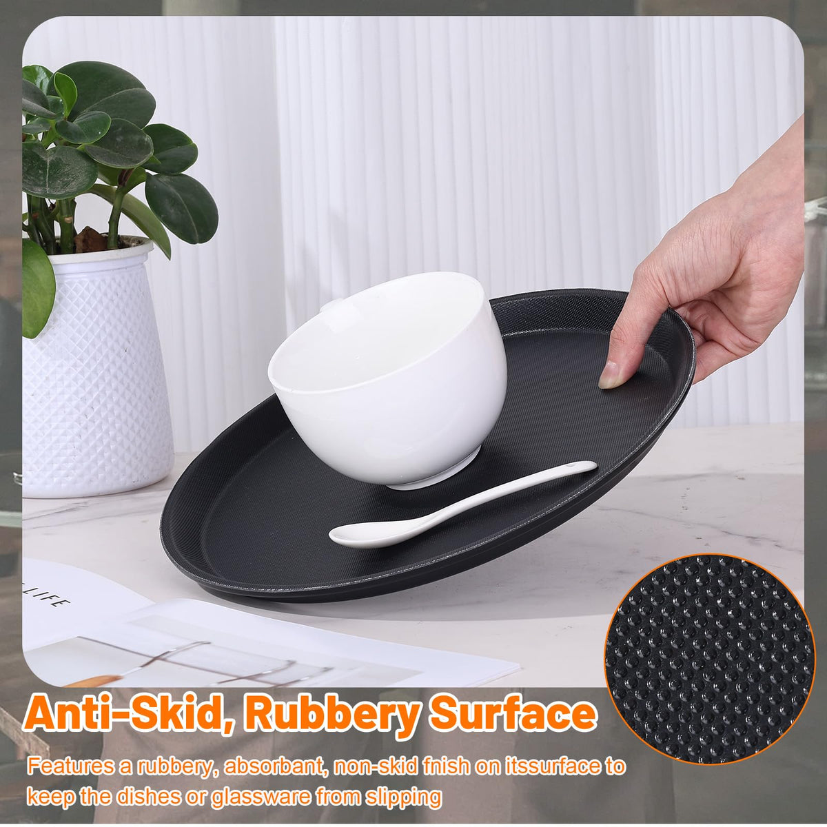 Mwellewm black round tray easy to wipe clean after use.