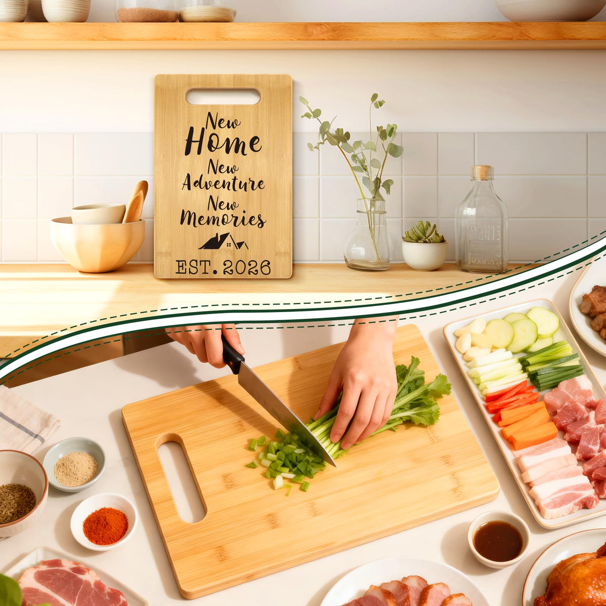 MY-ALVVAYS bamboo board with rounded corners adds a stylish kitchen touch.