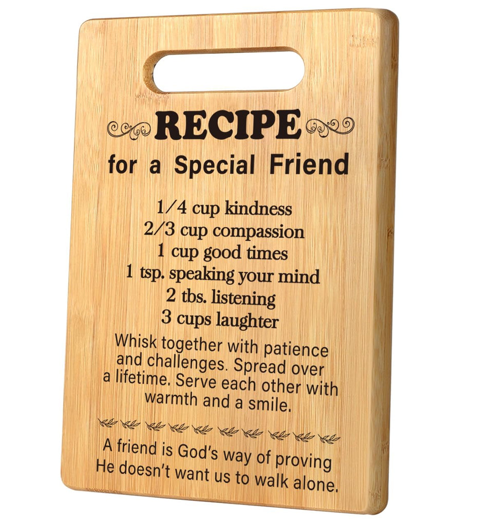MY-ALVVAYS bestie cutting board front view with warm wood grain and message