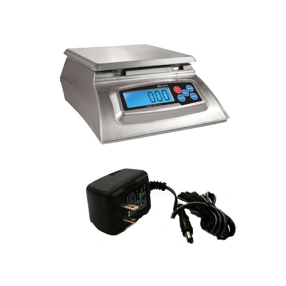 My Weigh KD-8000 scale with stainless steel base for precise kitchen weighing.