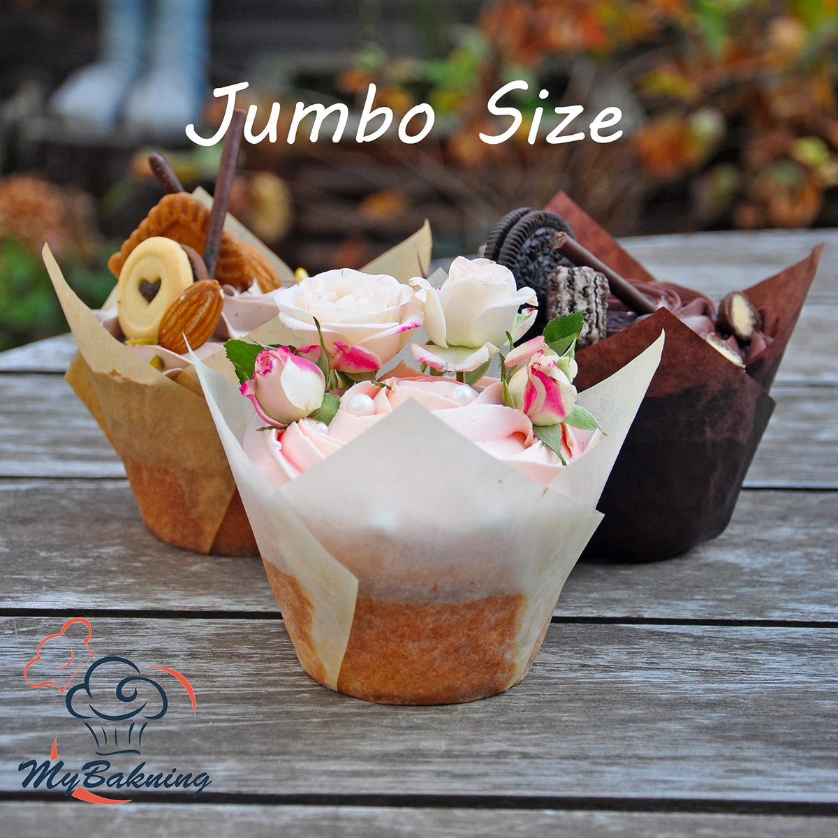MyBakning tulip cups offer about 4-ounce capacity for jumbo muffins.