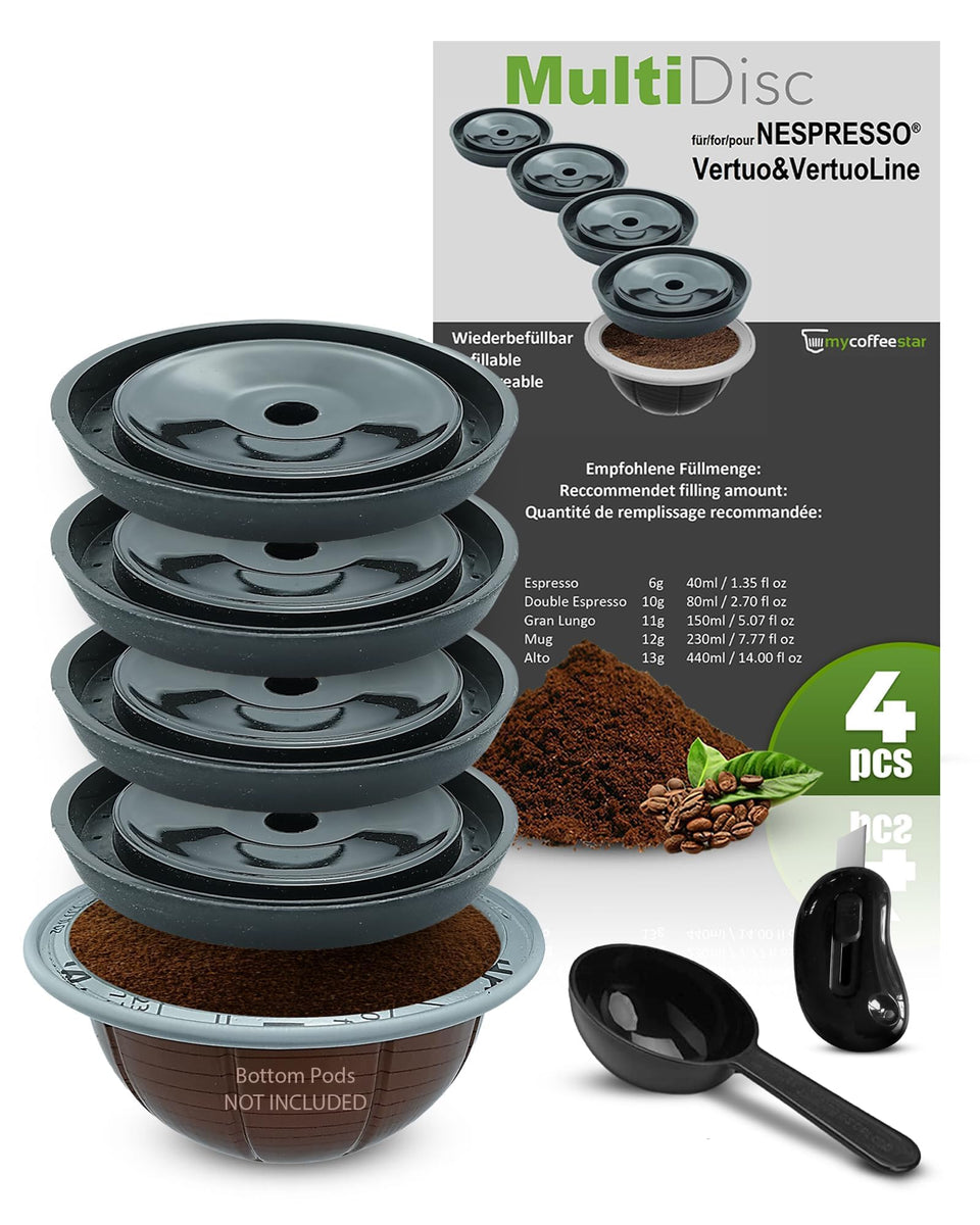 Mycoffeestar reusable Vertuo lid pack for cost-saving coffee brewing.