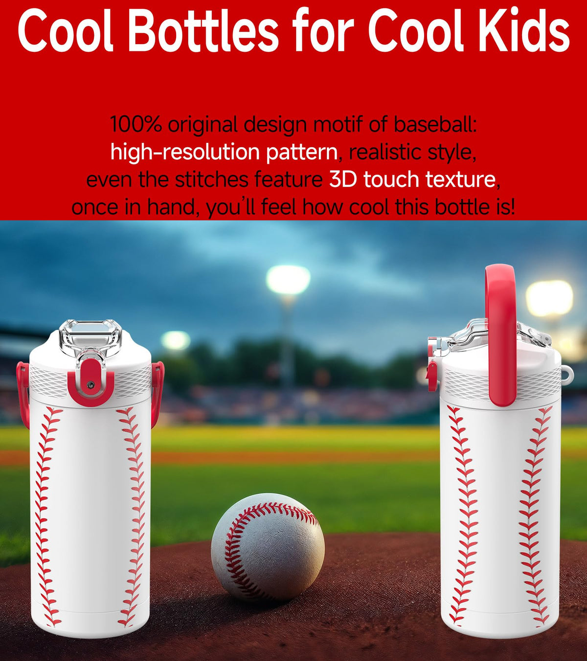 MYFOREST baseball bottle exterior with detailed stitch texture for grip